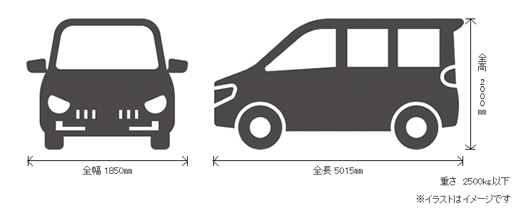 お車の高さ2m以下、幅1.85m、長さ5.015m